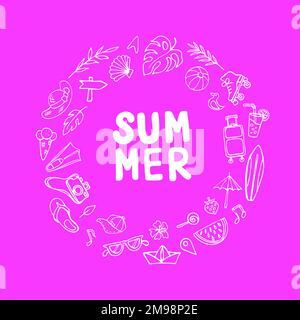 Summer, circle set of thematic objects on pink Stock Vector