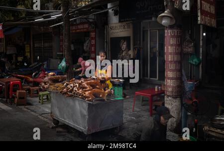 A women sells dog meat from a stall on the pavement in Hanoi, Vietnam. Dog meat is particularly consumed at the end of the lunar month. Stock Photo