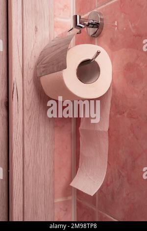 a roll of toilet paper hanging in a holder in the toilet Stock Photo