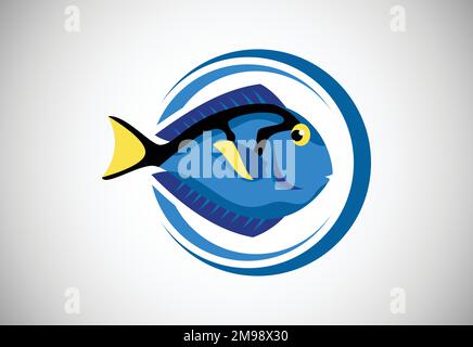 Blue Tang in a circle. Fish logo design template. Seafood restaurant shop Logotype concept icon. Stock Vector