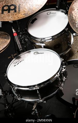 Mike Johnston's drum kit photographed at The Egg, Bath. Stock Photo