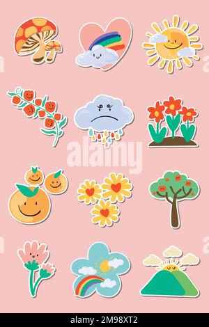 Cute natural doodle sticker set on a pink background vector Stock Vector