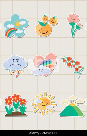 Cute natural doodle sticker set on a grid background vector Stock Vector