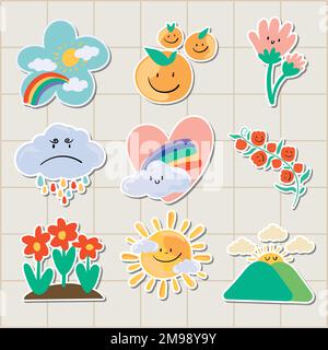 Cute natural doodle sticker set on a grid background vector Stock Vector