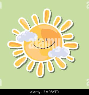 Cute smiling sun with clouds sticker design element vector Stock Vector