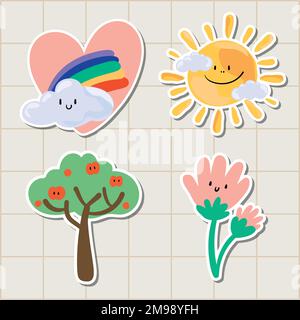 Cute natural doodle sticker set on a grid background vector Stock Vector