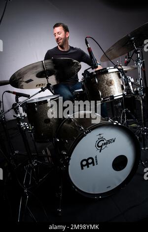 Drummer Mike Johnston photographed at The Egg, Bath. Stock Photo