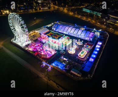 Northpole Cambridge Night Drone Parkers Piece Winter Festival Ice Skating Stock Photo