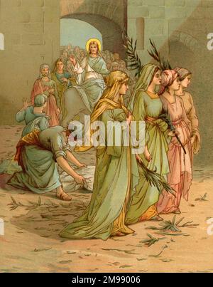 Biblical Tales by John Lawson, Jesus enters Jerusalem on Palm Sunday. Stock Photo