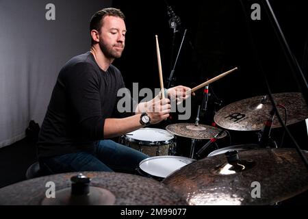 Drummer Mike Johnston photographed at The Egg, Bath. Stock Photo