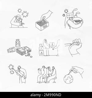 Covid 19 vaccine development vector doodles illustration Stock Vector