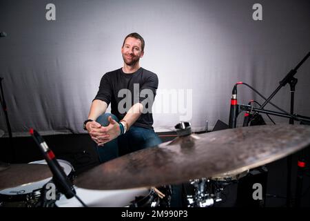 Drummer Mike Johnston photographed at The Egg, Bath. Stock Photo