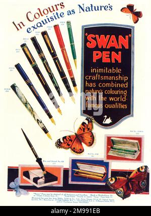 Advert, Swan Fountain Pen, in colours exquisite as Nature's. Stock Photo