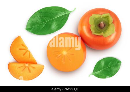 Persimmon fruit isolated on white background with full depth of field. Top view. Flat lay Stock Photo