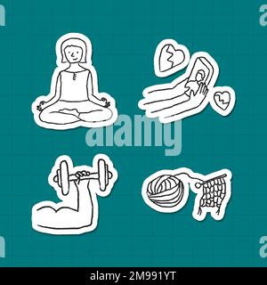 Activities at home doodle style sticker vector set Stock Vector