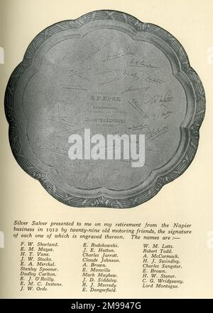 Early Motor Car Racing - Silver Salver presented to Selwyn Francis Edge on his retirement from Napier. Stock Photo