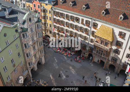Innsbruck Austria, aerial view of the landmark Golden Roof sited in a square in Herzog Friedrich Strasse in the center of Innsbruck old town, Austria Stock Photo