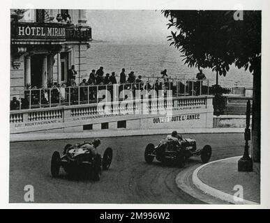 The Monaco Grand Prix 1935, with a Maserati leading Lord Howe's Bugatti on a bend. Stock Photo