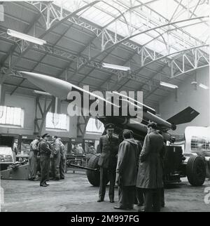 Bristol Bloodhound surface-to-air guided missile on a mobile launcher in an RAF exhibition in the Drill Hall, Bristol, on 28 January 1958 Stock Photo