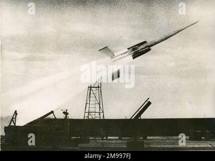 Bristol Bobbin recoverable ramjet test vehicle during launch. Stock Photo