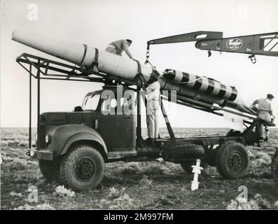 Bristol Bobbin recoverable ramjet test vehicle is recovered after landing on its spiked nose. Stock Photo