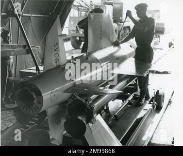 The 32nd Guided Weapons Regiment of the Royal Artillery at Ty Croes, North Wales, working on the English Electric Thunderbird surface-to-air guided missile at the Field Assembly and Test Point, where the missile is checked and tested on arrival for firing,16 July 1961. Stock Photo