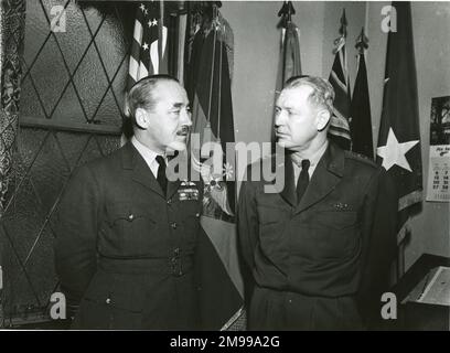 Air Marshal J.D.I. Hardman, OB, OBE, DFC, Chief of Air Staff, Royal Australian Air Force, called on General Weyland, Commanding General Far East Air Force, during a brief inspectional visit of Air Force installations in Japan and Korea. Photograph taken at Gen Weyland?s HQ in Tokyo.