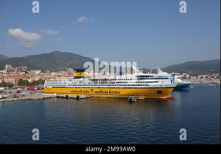 Corsica ferry leaving Ajaccio port for Sardinia Stock Photo