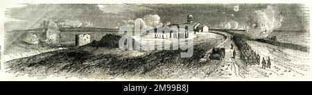 Belfry House with tirailleurs (riflemen), and trenches on the right, Battle of Inkerman, Crimean War, 5 November 1854. Stock Photo