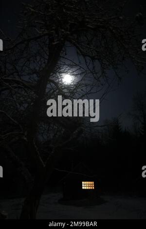 Landscape with house at night under dark sky with full moon. Spooky ...