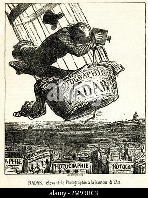 Cartoon, French photographer Nadar in a hot air balloon