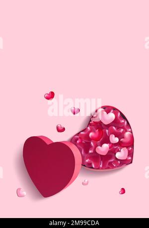 Open pink heart shaped gift box with hearts on pink background. Design for Valentine's Day. Stock Photo