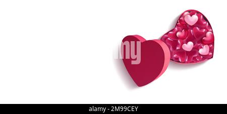 Open pink heart shaped gift box with hearts on white background. Design for Valentine's Day. Stock Photo