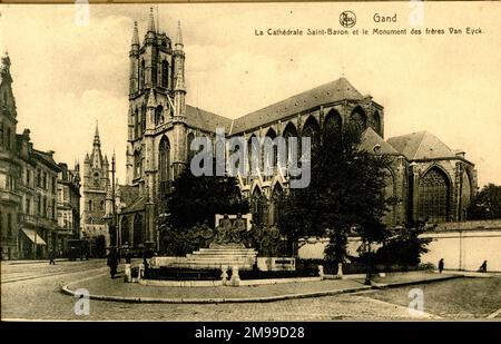 Saint Bavo Cathedral and Hubert and Jan van Eyck Monument, Ghent, Belgium. Stock Photo