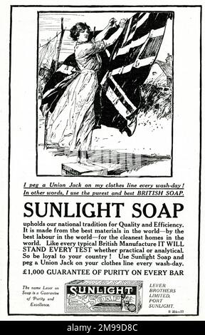 Advertisement for Sunlight Soap, in patriotic style during the First World War with a woman hanging up a British Flag on the washing line. Stock Photo