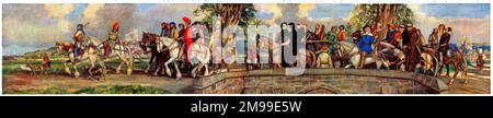 * NOTE - FULL FILE IS A LONG PANORAMA - Preview split into 3 sections for ease of viewing *  Chaucer’s Canterbury Pilgrims on the road – reproduction of a painting by Stephen Reid (1873-1948) – (from left) 1. The Miller 2. The Host 3. The Merchant 4. The Doctor of Physic 5. Chaucer, the Poet 6. The Franklin 7. The Knight 8. The Sergeant of the Law 9. The Manciple, or Steward 10. The Oxford Scholar 11. The Squire 12. The Nun 13. The Prioress 14. The Nun’s Priest 15. The Pardoner 16. The Summoner 17. The Poor Parson 18. The Yeoman 19. The Ploughman 20. The Wife of Bath 21. The Carpenter 22. Th Stock Photo