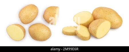 Young potato isolated on white background. Harvest new. Top view. Flat lay, Stock Photo