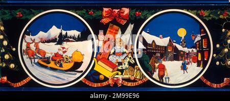 Decorative Christmas frieze, Father Christmas on his sleigh, and a village in the snow at night. Stock Photo