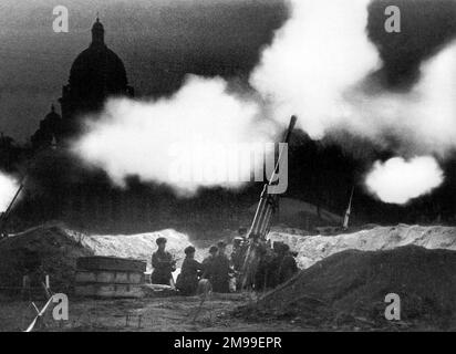 The Siege of Leningrad. The fire of anti-aircraft guns deployed in the neighborhood of St. Isaac's cathedral during the defense of Leningrad in November 1941. Stock Photo