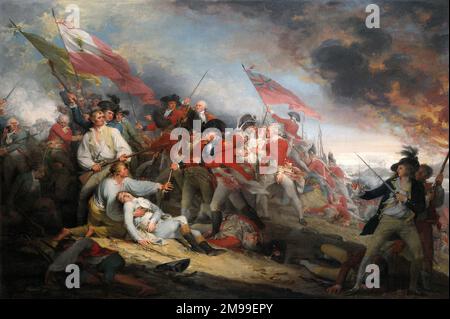 The Battle of Bunker Hill, June 17, 1775 by John Trumbull, oil on canvas, 1786. The painting depicts the moment when American Major General Joseph Warren was mortally wounded by a musket ball and is saved from being bayonetted by British Major John Small. Stock Photo