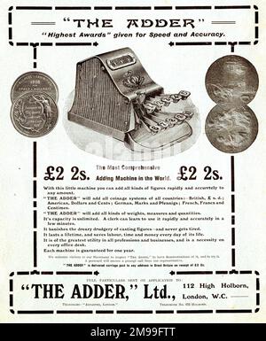 Advert for 'The Adder' Adding Machine. Stock Photo