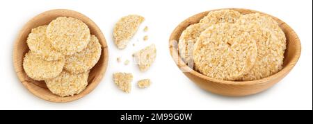 coconut cookies with white flax seeds and honey in wooden bowl isolated on white background. Healthy food. Top view. Flat lay Stock Photo