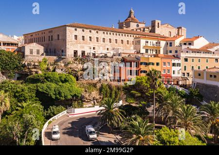 Colorful view of the old town at Plaza Espanya of Mao, Menorca, Balearic Islands, Spain Stock Photo