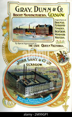 Adverts for Gray, Dunn & Co, Biscuit Manufacturers, Glasgow, and John Gray & Co Ltd, Confectioners, Glasgow, Scotland. Stock Photo