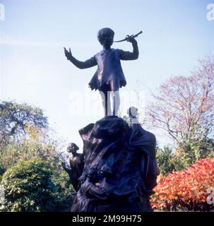 The Peter Pan statue is a bronze sculpture of J. M. Barrie's character Peter Pan. It was commissioned by Barrie and made by Sir George Frampton. The original statue is displayed in Kensington Gardens in London, to the west of The Long Water, close to Barrie's former home on Bayswater Road. Stock Photo