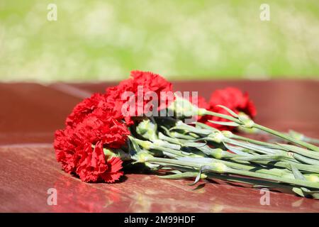 Red carnations on a stones. Flowers on a tomb memorial Stock Photo