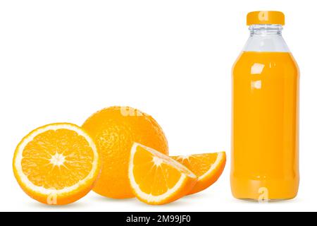 Orange set. Whole orange, slices, juice in a bottle. Isolated on white background. Stock Photo