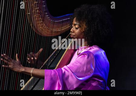 New York, USA. 16th Jan, 2023. Brandee Younger performs with band during Winter JazzFest presented by Verve at (le) Poisson Rouge in New York on January 16, 2023. (Photo by Lev Radin/Sipa USA) Credit: Sipa USA/Alamy Live News Stock Photo