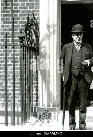 Stanley Baldwin (1867-1947), British Conservative Prime Minister, standing outside 10 Downing Street, London, at the time of the General Strike of 1926. Stock Photo