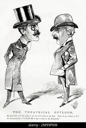 Cartoon, The Theatrical Outlook, Squire Bancroft and John Hollingshead, theatre managers. I am going to get out of it before I am hurt. What do you intend to do? I should like to get a share of the Inventories. Stock Photo